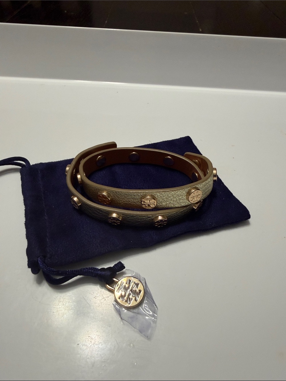 Tory Burch Pewter & Gold Logo Stud Double Wrap Bracelet